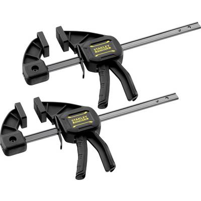 Deux serre-joints rapides noirs avec l'inscription jaune 'Stanley' sur les poignées, placés parallèlement l'un à l'autre.