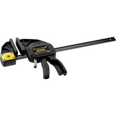 Une serre-joint noir et jaune avec poignée en plastique et barre métallique, adapté pour fixer et maintenir des pièces de travail.