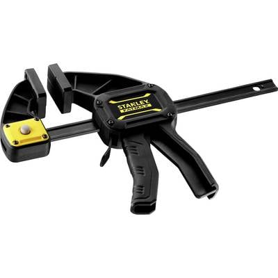 Un serre-joint Stanley FATMAX en noir et jaune, montrant le mécanisme avec une poignée ergonomique et une mâchoire mobile.