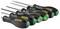 Ensemble de six tournevis Stanley FatMax à manche noir et extrémité verte, disponibles en différentes tailles.
