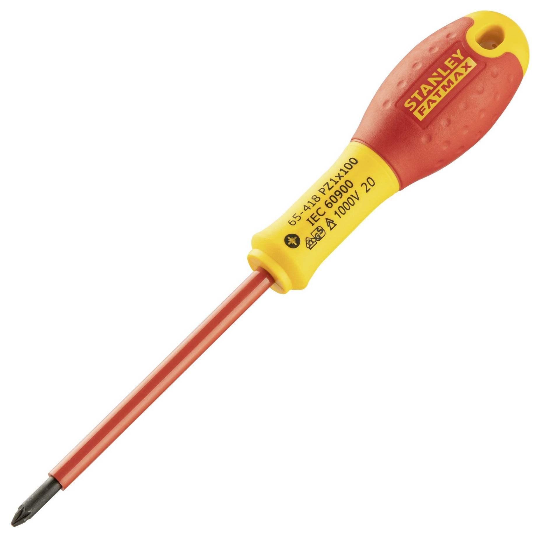 Un tournevis isolé à poignée rouge et tige jaune, adapté aux travaux électriques, portant des détails techniques de marquage.
