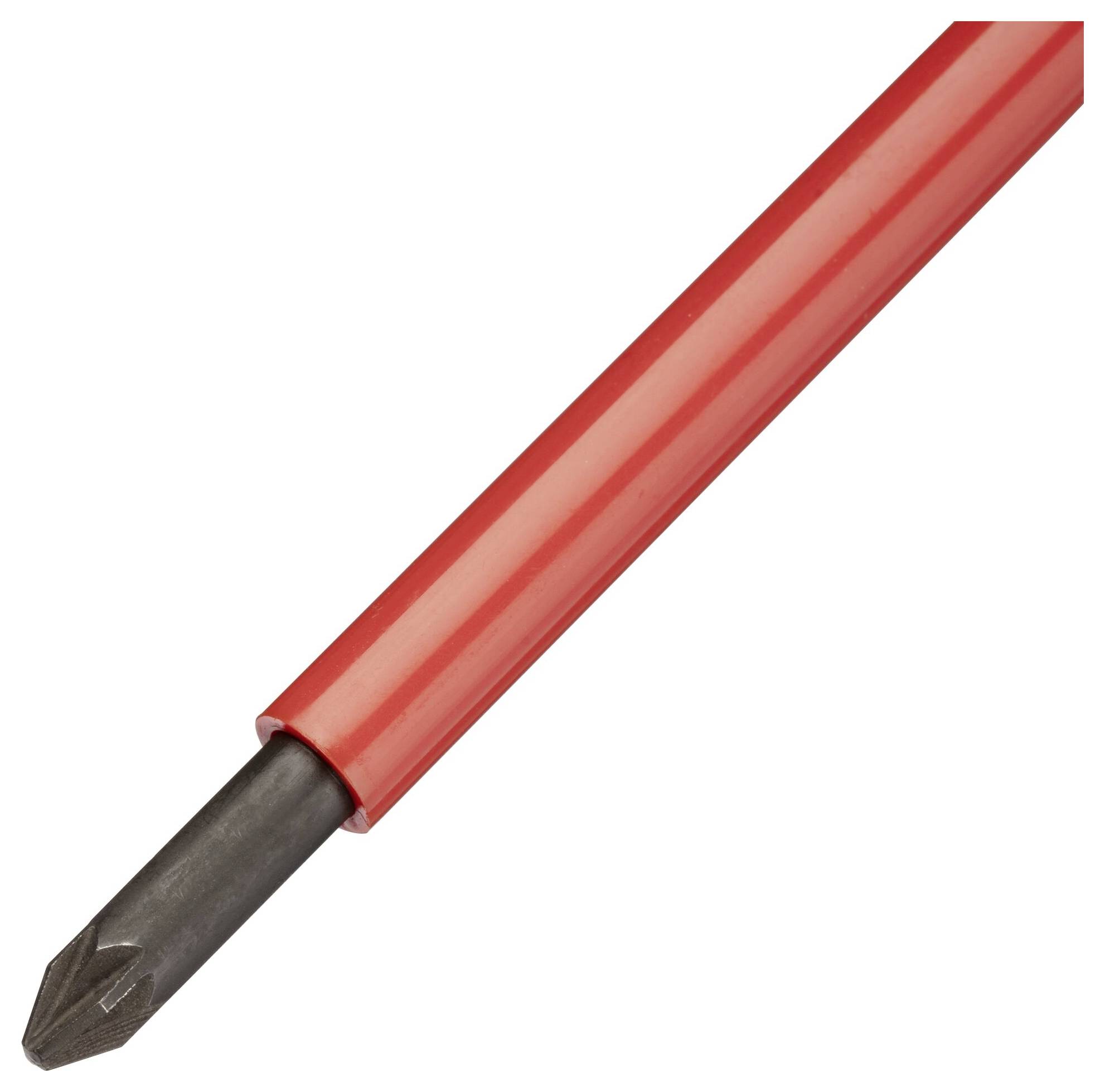 Tournevis rouge à embout cruciforme, orienté horizontalement.