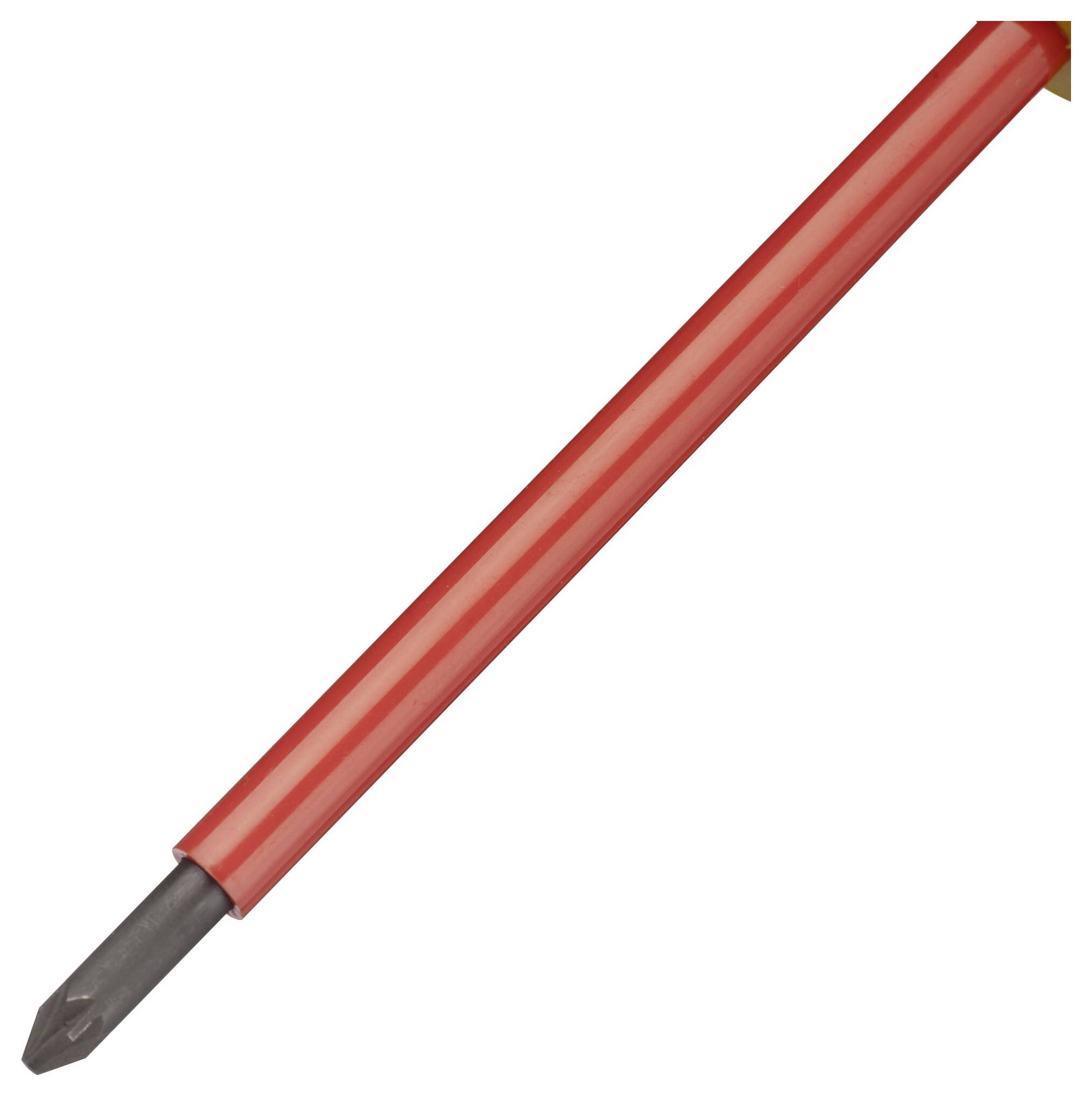 Tournevis cruciforme avec poignée isolée rouge, adapté aux travaux sur des appareils électriques.