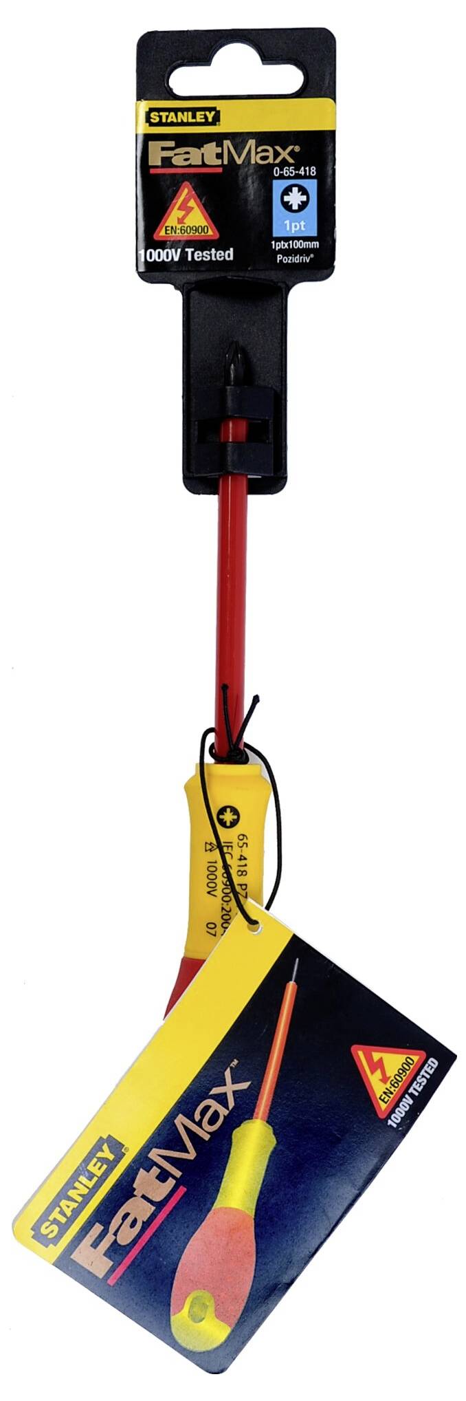Tournevis 'Stanley FatMax', isolé, poignée rouge et jaune, adapté aux travaux jusqu'à 1000V. L'emballage affiche le symbole de sécurité.