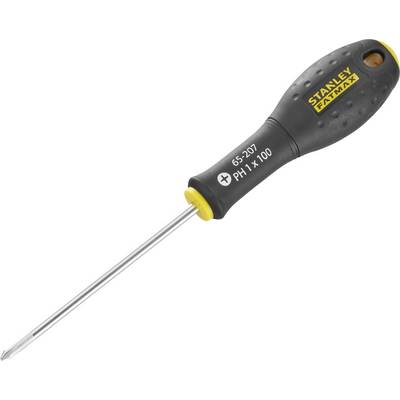 Tournevis à manche noir et détail jaune, adapté pour les vis à tête cruciforme, marque et modèle imprimés sur le manche.
