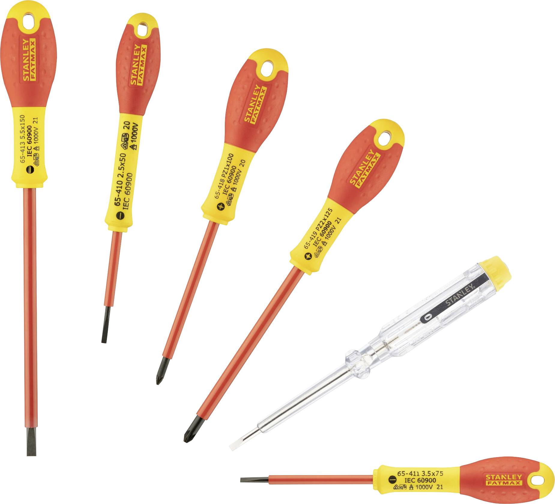 Cinq tournevis isolés avec des poignées rouges et des marquages jaunes, dont un avec un manchon transparent. Différentes tailles et formes pour les travaux électriques.