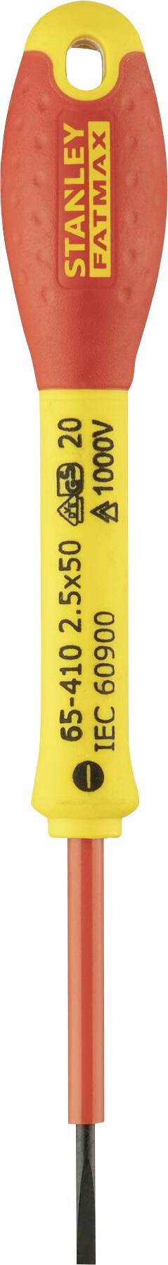 Un testeur de tension jaune et rouge de Stanley FatMax, adapté pour 0-250V. Les indications textuelles sur la poignée indiquent le numéro de modèle et les valeurs de tension.