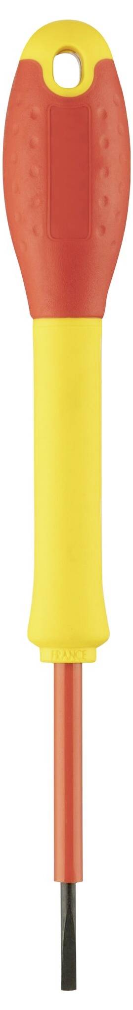 Un tournevis isolé à manche rouge et pointe jaune, adapté aux travaux électriques.