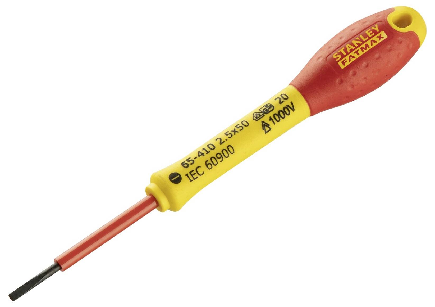 Tournevis à poignée rouge et manche jaune. Inscription : 'STANLEY FATMAX', 'IEC 60900', '1000V'. Adapté aux travaux sous tension.