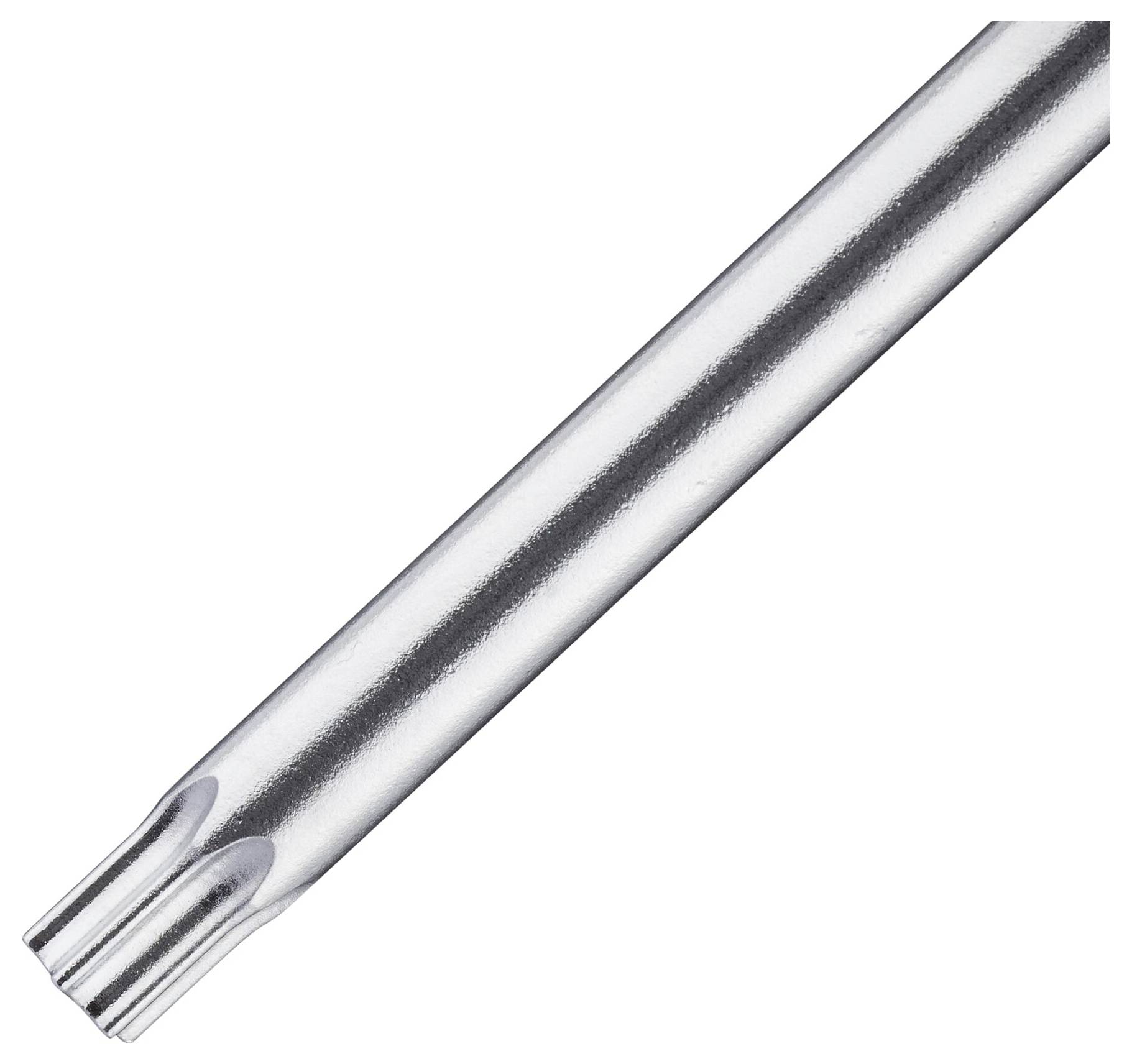 Gros plan sur l'embout d'un tournevis Torx en argent avec une tête en forme d'étoile.