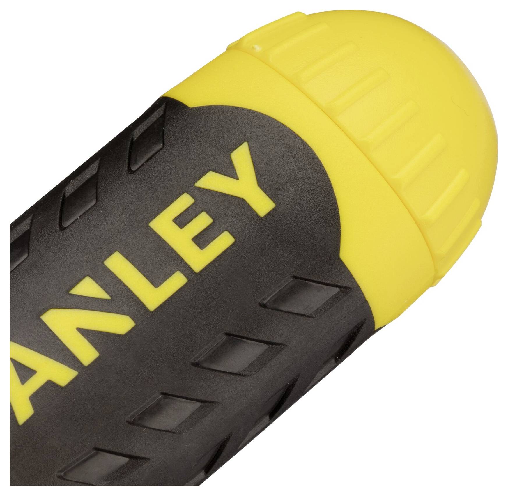 Poignée jaune et noire d'un outil avec le mot 'STANLEY' gravé.