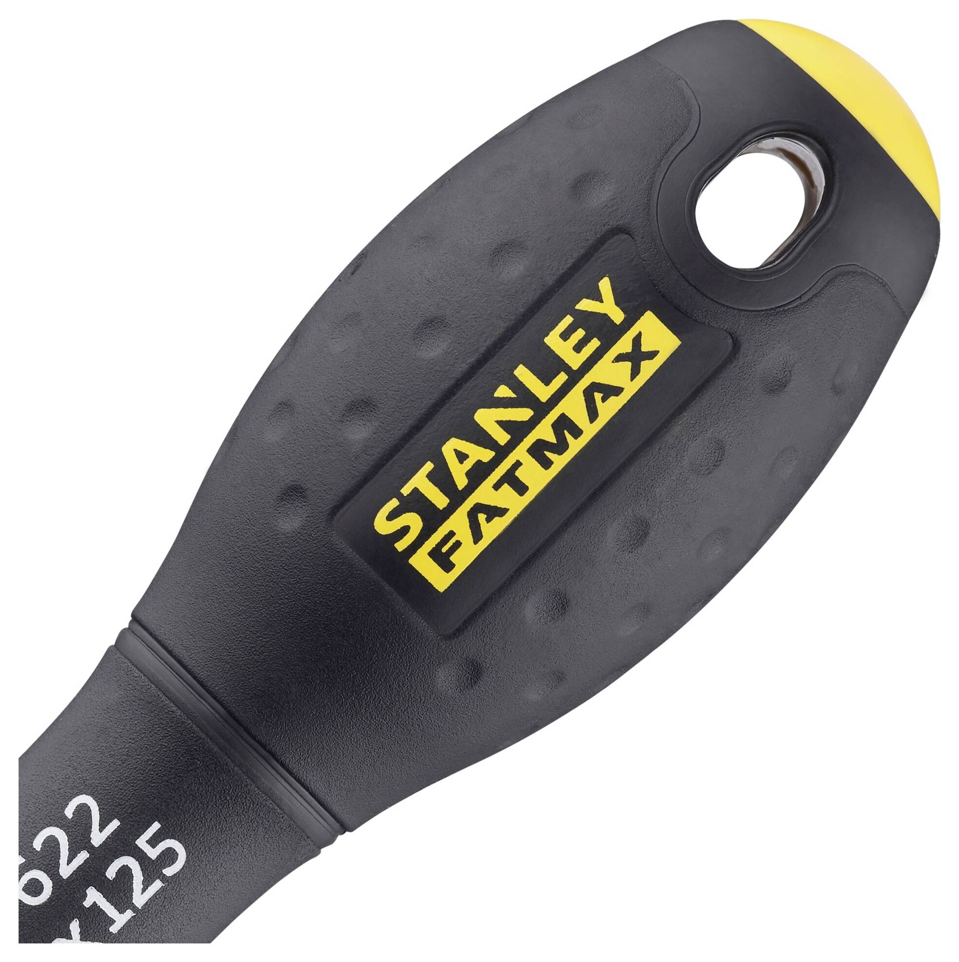 Poignée noire d'un outil avec un logo en relief jaune 'STANLEY FATMAX'. Une ouverture pour suspension est située en haut de l'outil.