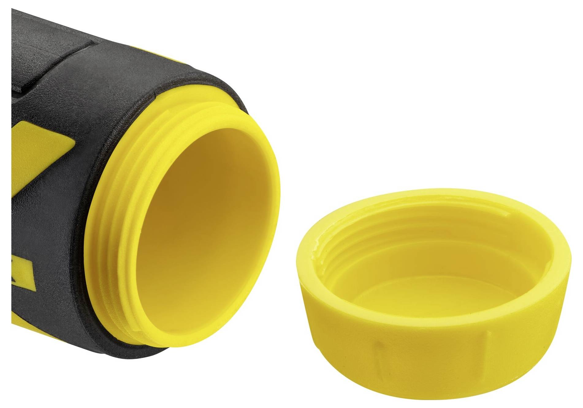 Bouchon à vis jaune à côté du bord d'ouverture correspondant du récipient. Récipient avec design de poignée noir, mettant en valeur la fonction et la couleur.