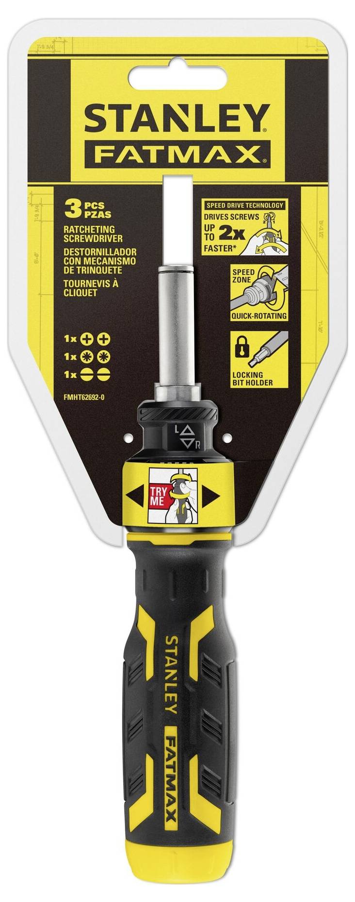Un ensemble de tournevis Stanley Fatmax avec une poignée ergonomique et des embouts interchangeables, illustré sur un emballage jaune.