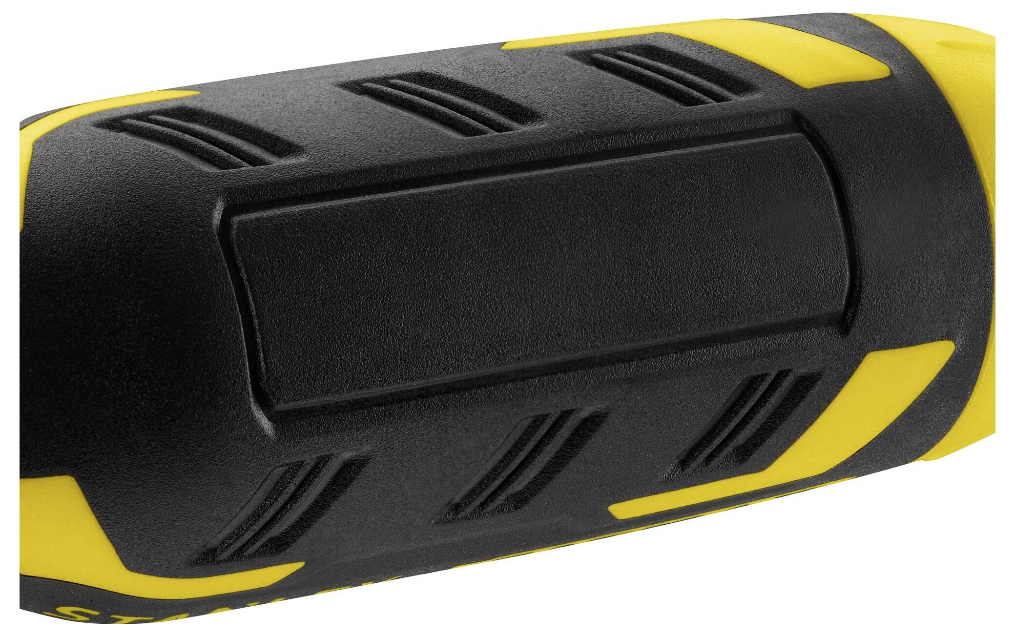 Une poignée noir et jaune d'un outil avec des rainures longitudinales noires antidérapantes.