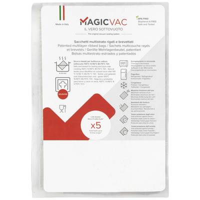 Emballage 'Magic Vac' pour sacs sous vide. Contient 5 sachets. Indications d'absence de BPA, compatible lave-vaisselle et limites de température. Fabriqué en Italie.