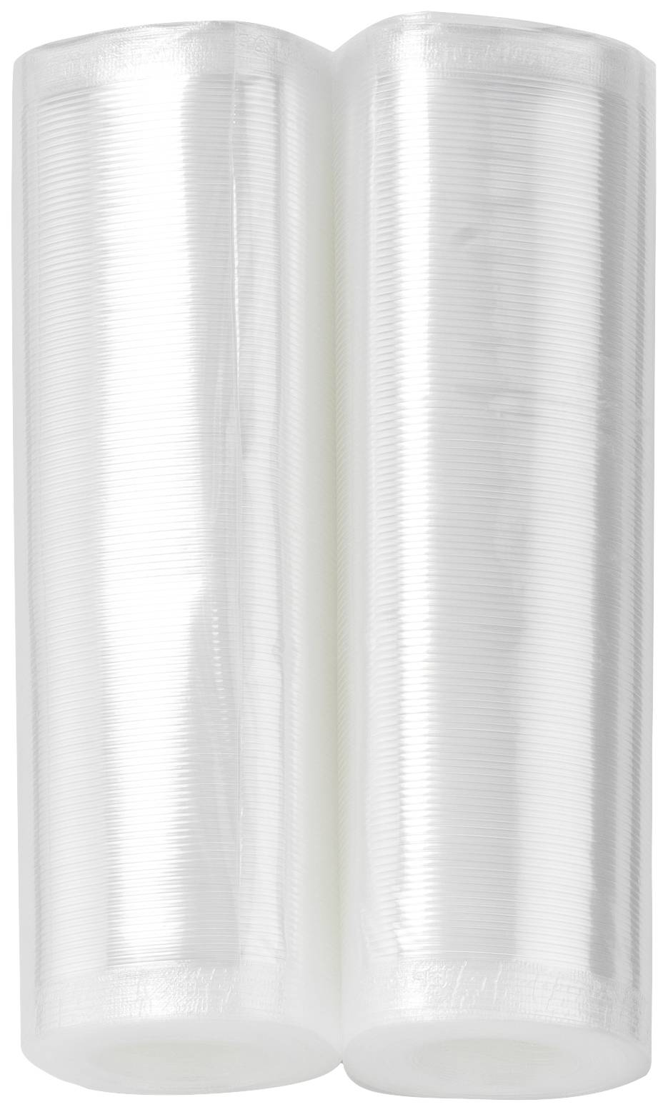 Deux rouleaux de plastique blancs et transparents sont côte à côte devant un fond blanc. Ils sont non étiquetés et de taille identique.