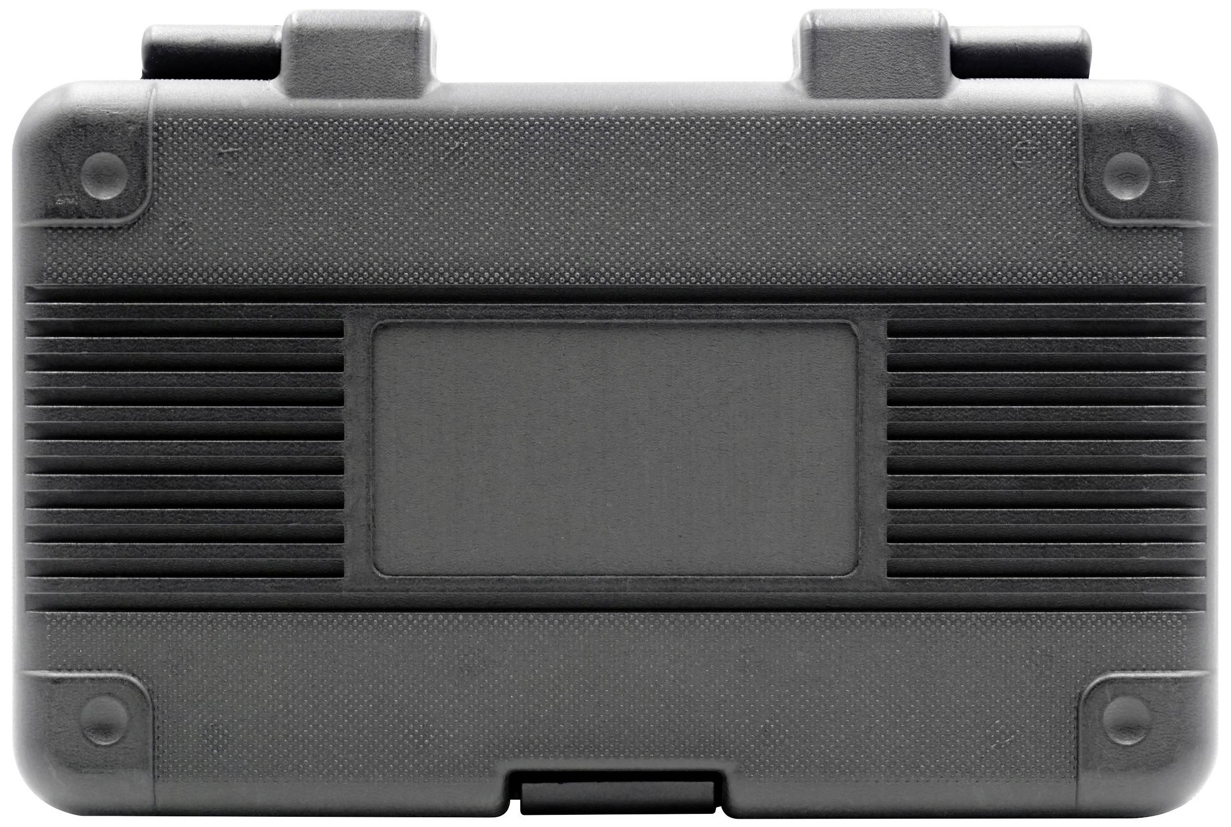 Une valise à outils noire à surface texturée et avec une zone d'étiquette rectangulaire au centre.