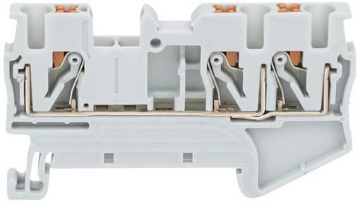 Barrette de connexion électrique, grise, avec plusieurs contacts en cuivre et leviers de commande orange, pour un branchement de câbles sécurisé.