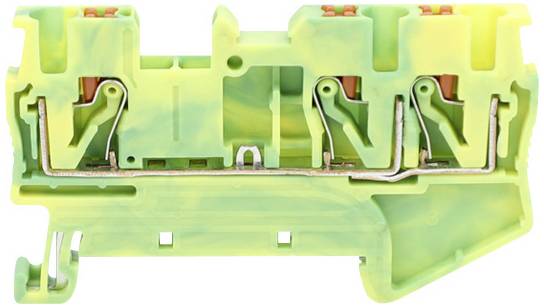 Bloc de connexion vert, avec des accents jaunes, ressorts latéraux visibles. Composant principal dans les circuits électriques pour raccorder des câbles.