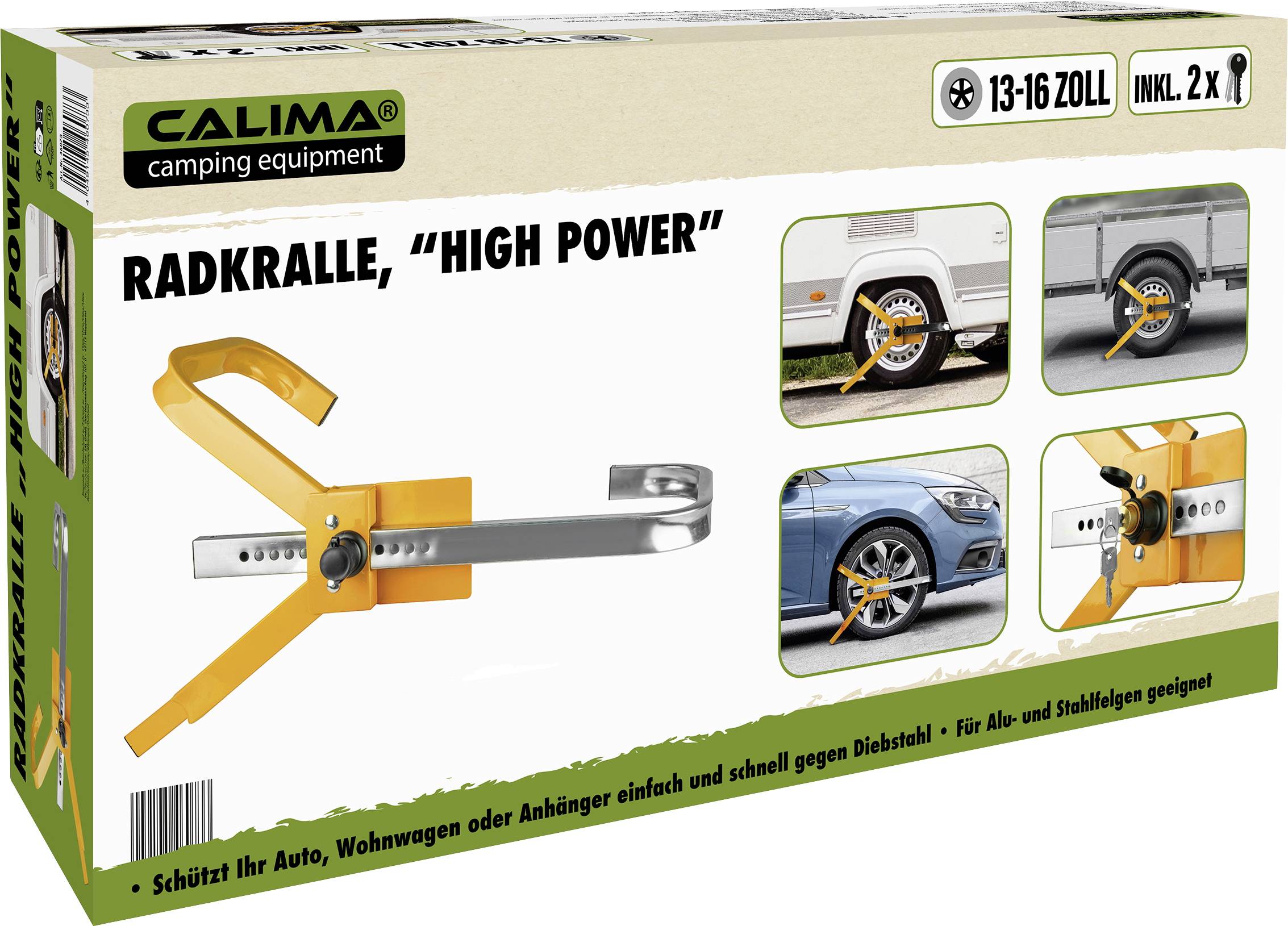 Emballage d'une griffe de roue. Montre un dispositif orange sur un pneu de voiture. Texte : 'CALIMA camping equipment', 'RADKRALLE "HIGH POWER"'.