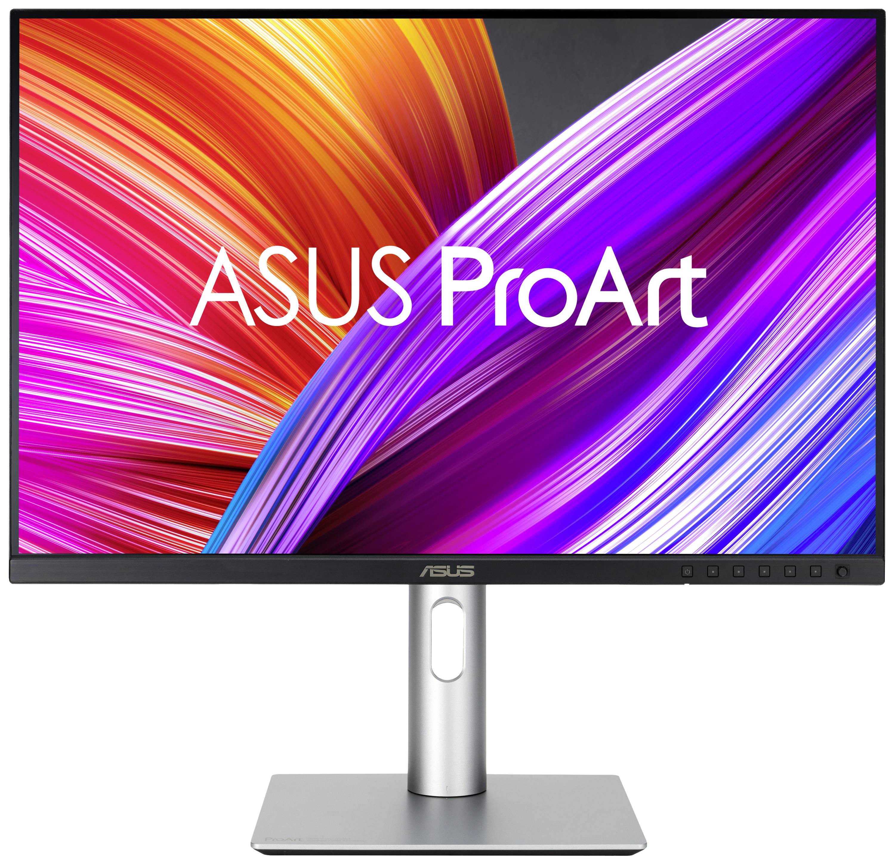 Un moniteur ASUS ProArt avec des motifs graphiques lumineux et colorés. La caractéristique principale est la représentation de couleurs vives.