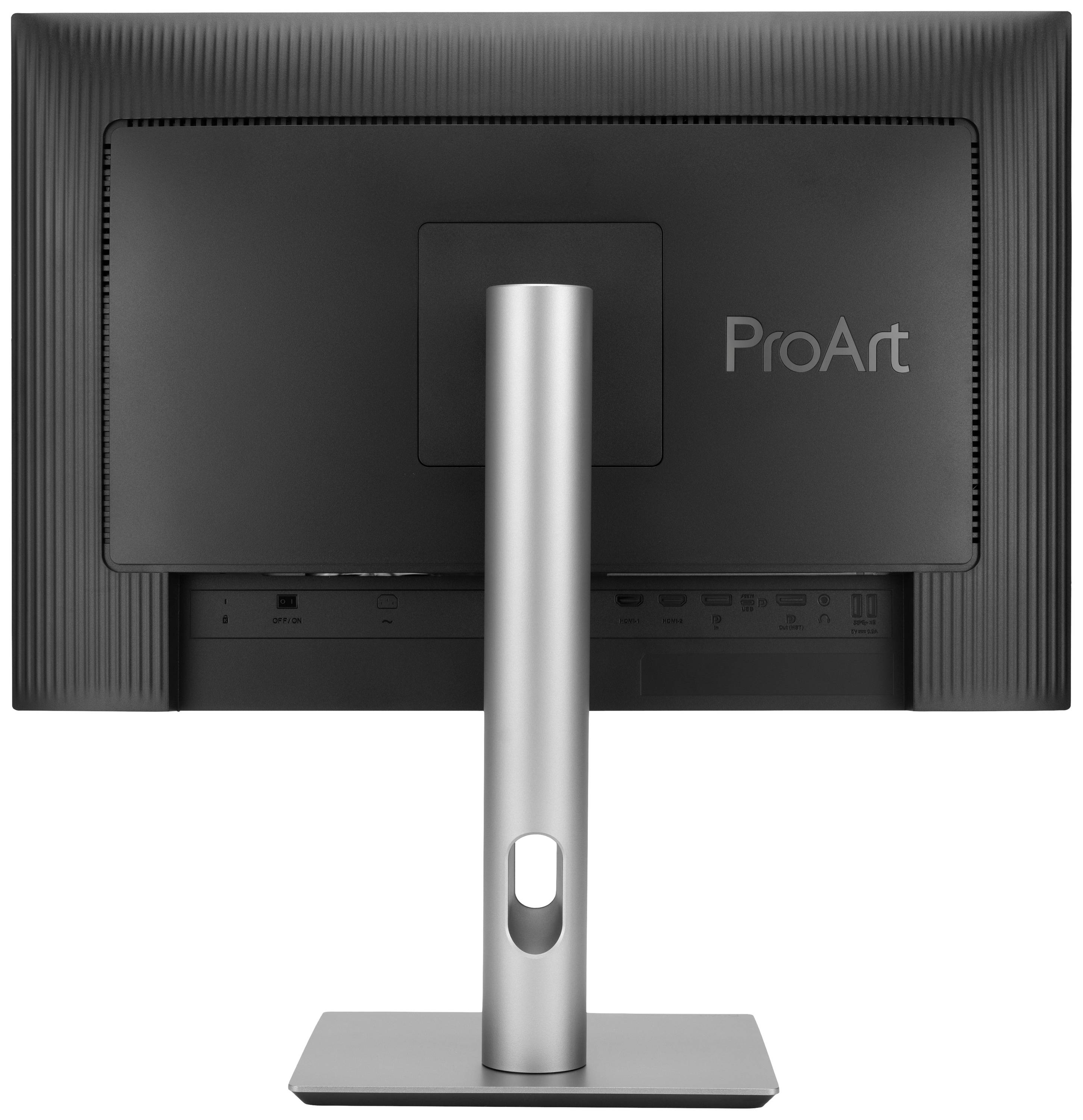 Un écran d'ordinateur vu de dos, modèle 'ProArt', doté d'un socle stable en métal et de plusieurs ports à l'arrière.