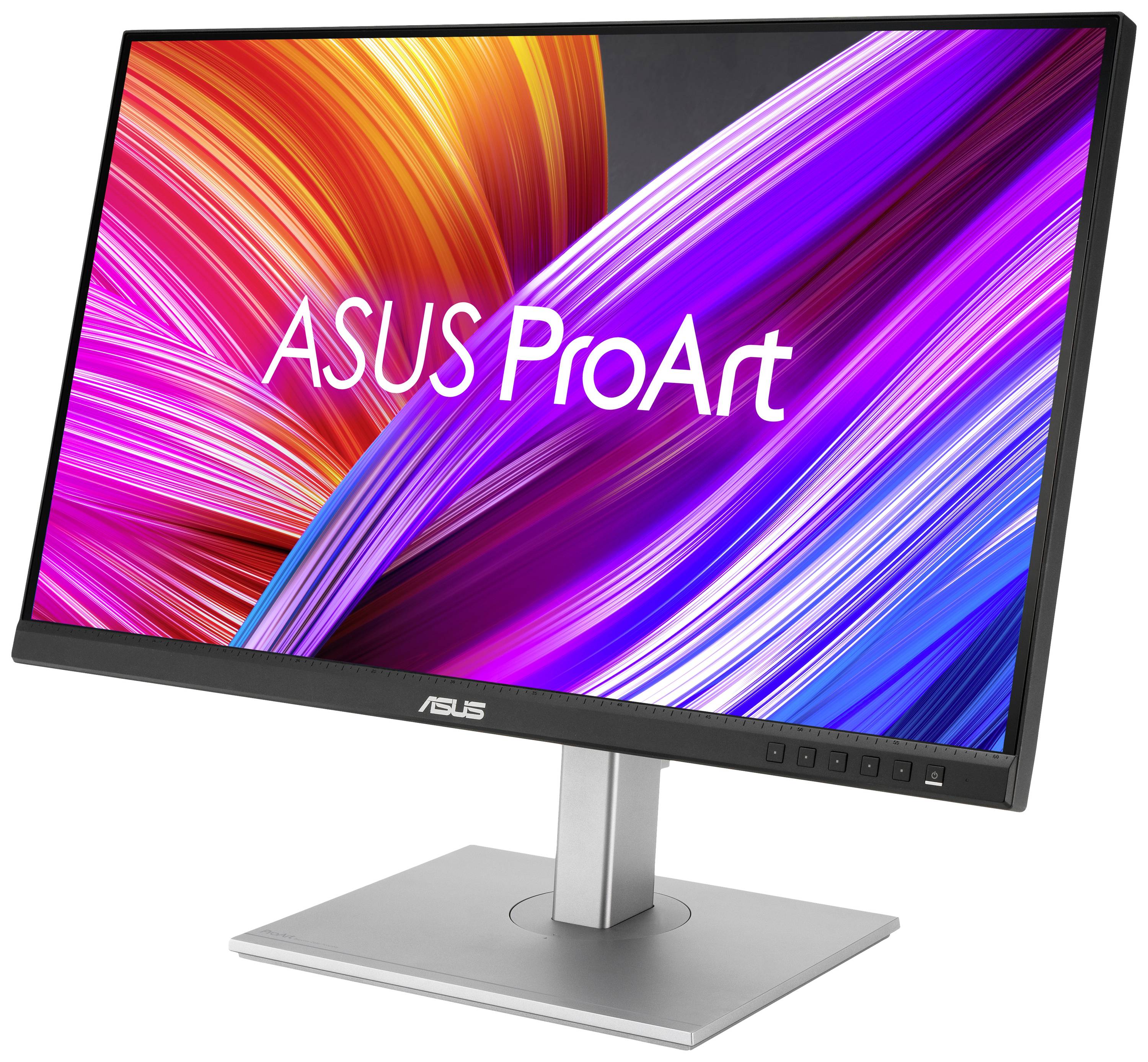 Un moniteur Asus portant l'inscription 'ASUS ProArt', affiche un fond d'écran vivant et coloré avec des lignes dynamiques roses et bleues.