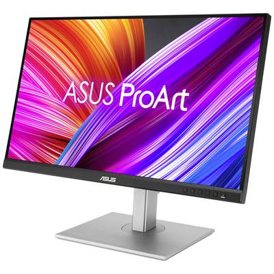 Un moniteur Asus portant l'inscription 'ASUS ProArt', affiche un fond d'écran vivant et coloré avec des lignes dynamiques roses et bleues.