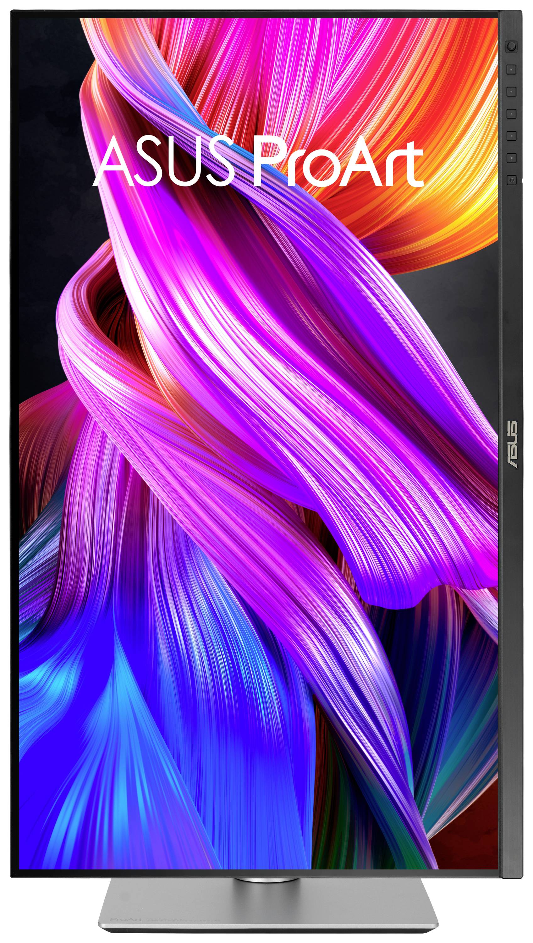 Moniteur ASUS ProArt avec des vagues de couleurs vibrantes à l'écran, en orientation portrait, soulignant l'élégance technologique et l'inspiration créative.
