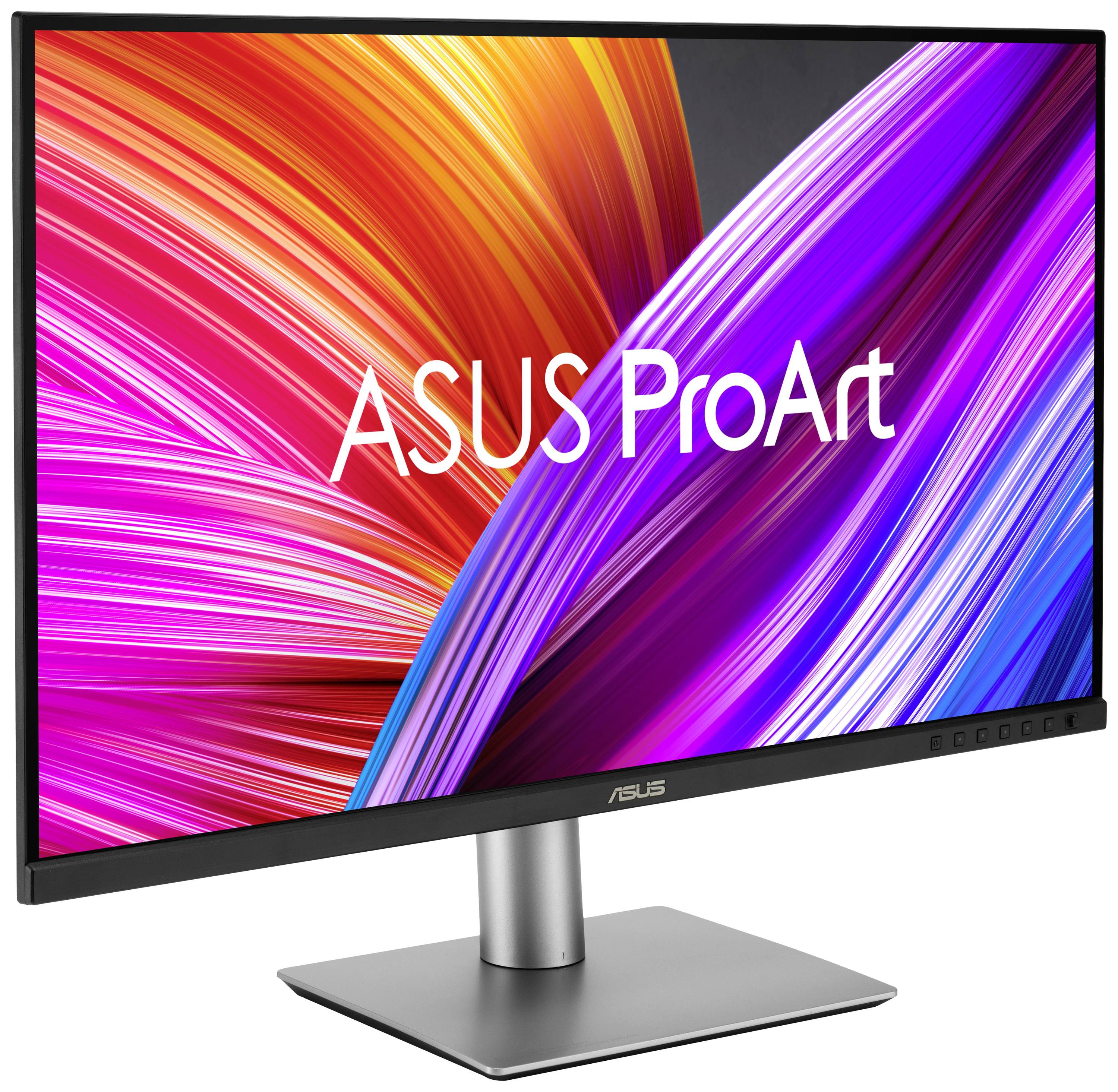Un écran ASUS ProArt noir avec un économiseur d'écran à l'arrière-plan abstrait et coloré.