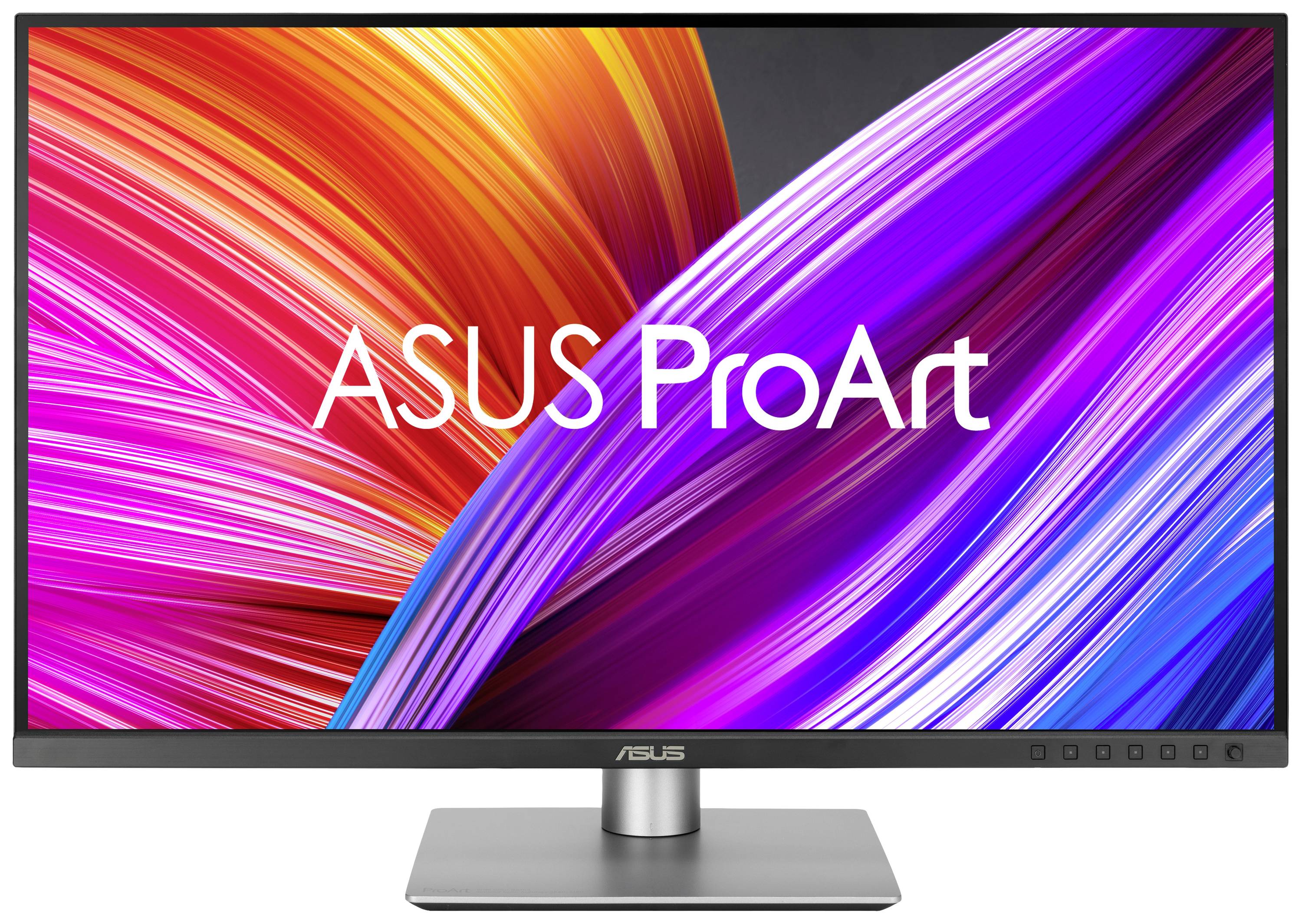 Un moniteur ASUS ProArt avec des couleurs abstraites lumineuses sur l'écran. Objectif principal : démontrer un design visuel de haute qualité et une précision des couleurs.
