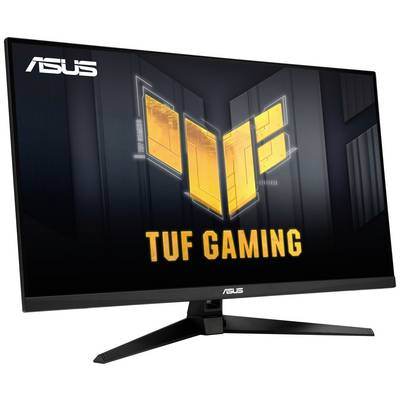 Moniteur de jeu ASUS TUF, incliné sur un support noir, affichant le logo lumineux jaune et orange de TUF Gaming sur l'écran.
