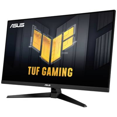 Un moniteur de gaming ASUS TUF avec un design de logo noir et jaune sur l'écran.