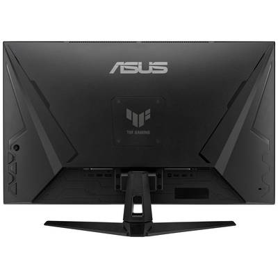 Vue arrière d'un moniteur gaming ASUS TUF noir au design anguleux et au logo distinctif.