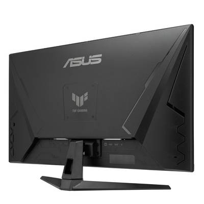 Dos d'un moniteur de gaming noir Asus TUF Gaming. Design moderne avec des angles tranchants et des motifs stylisés.
