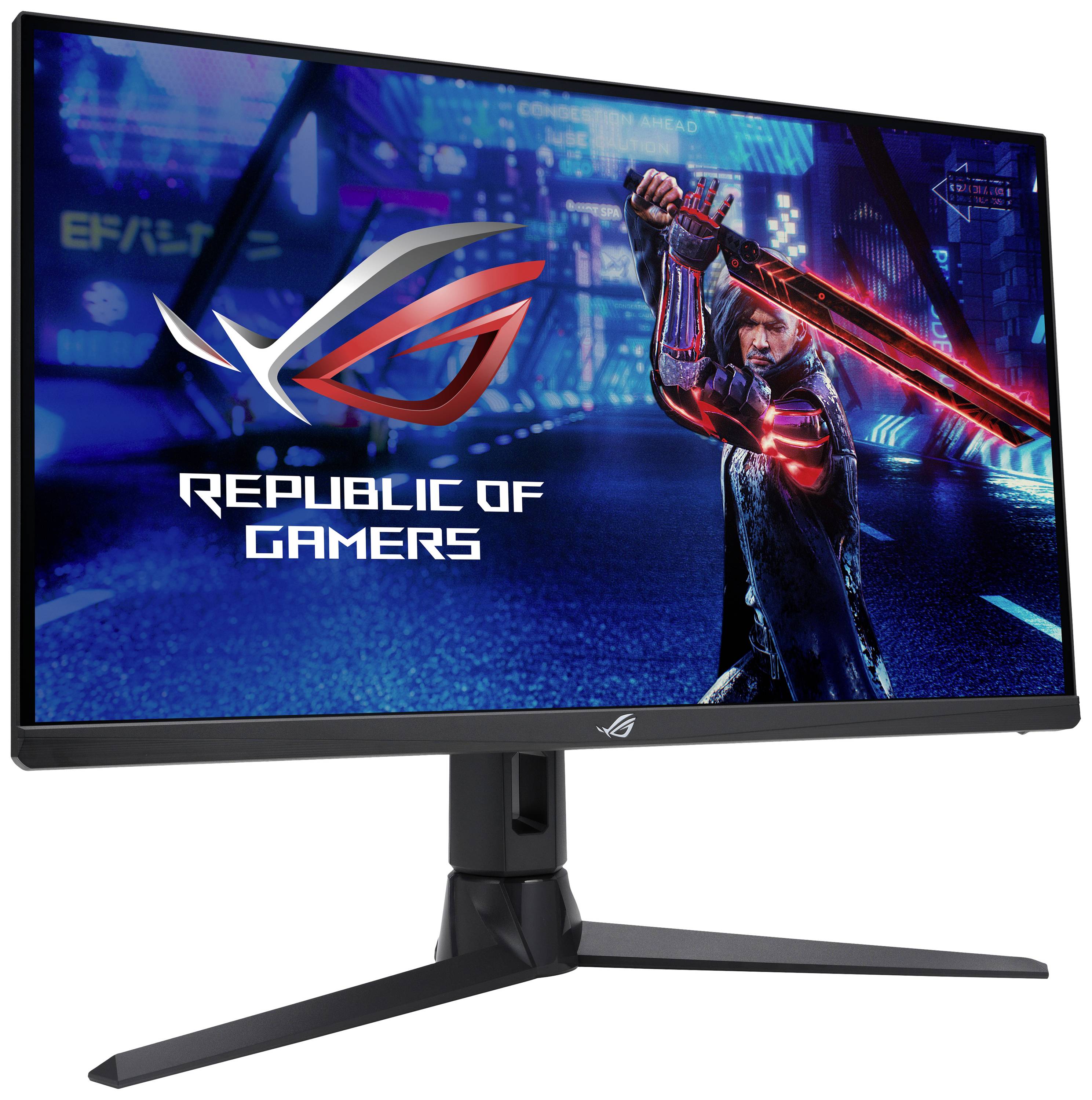 Un écran de gaming affiche le logo de 'Republic of Gamers'. On y voit une figurine futuriste armée d'une épée lumineuse.