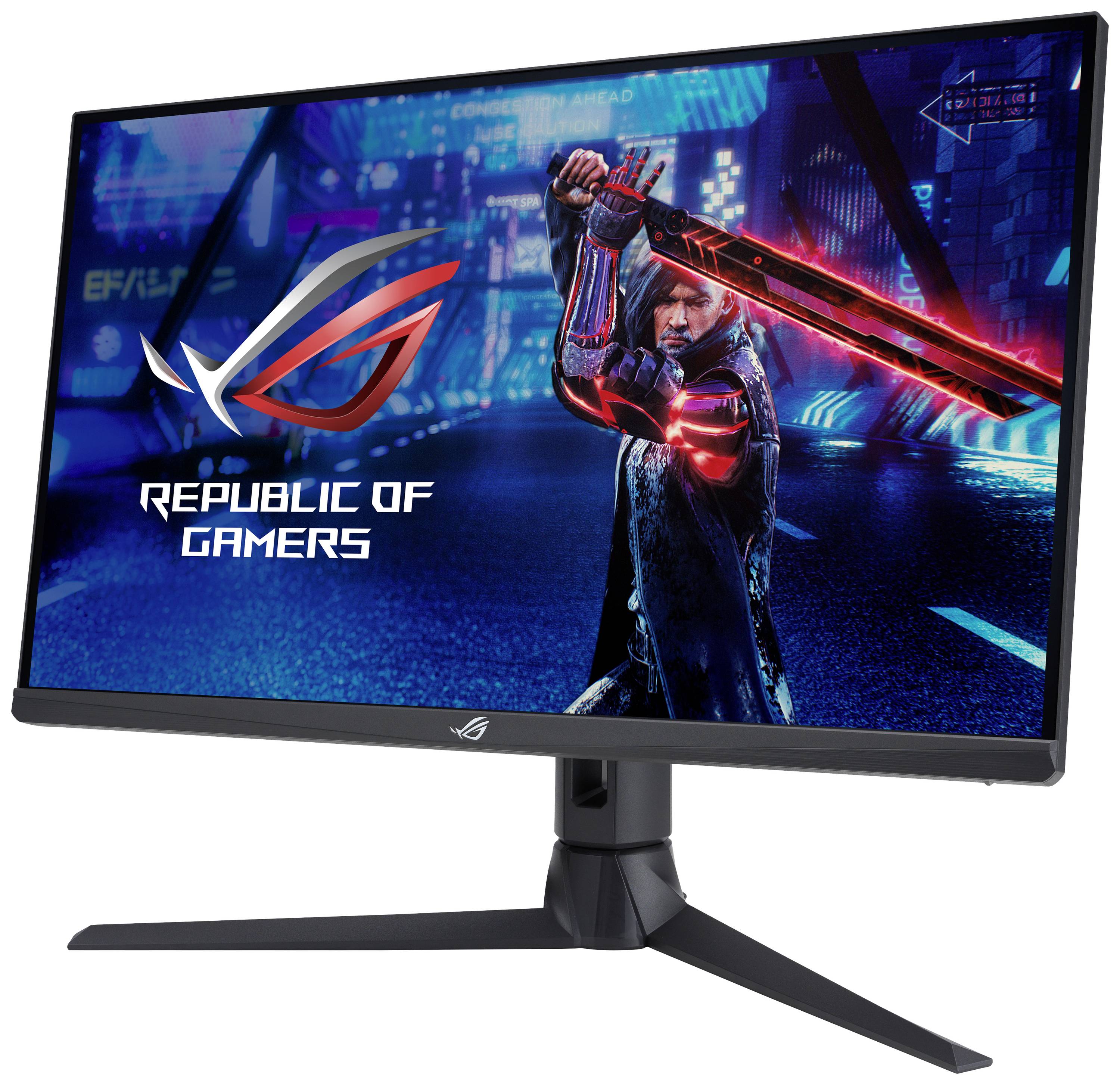Un moniteur de jeu affiche un paysage urbain futuriste avec un héros brandissant une épée lumineuse, accompagné du logo 'Republic of Gamers'.