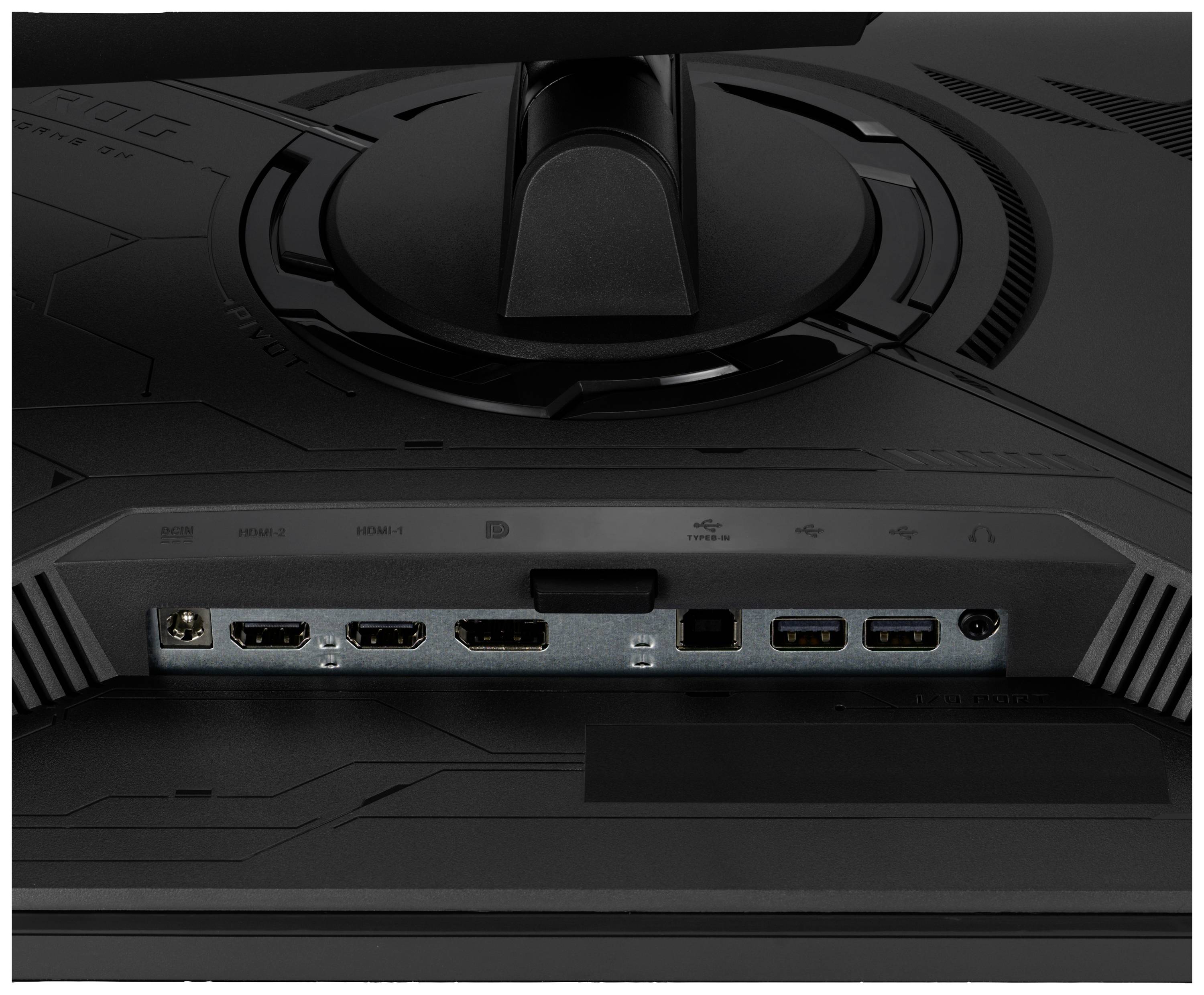 Le dos d'un moniteur avec différentes connexions : trois ports HDMI, un DisplayPort, deux ports USB et un port Ethernet.