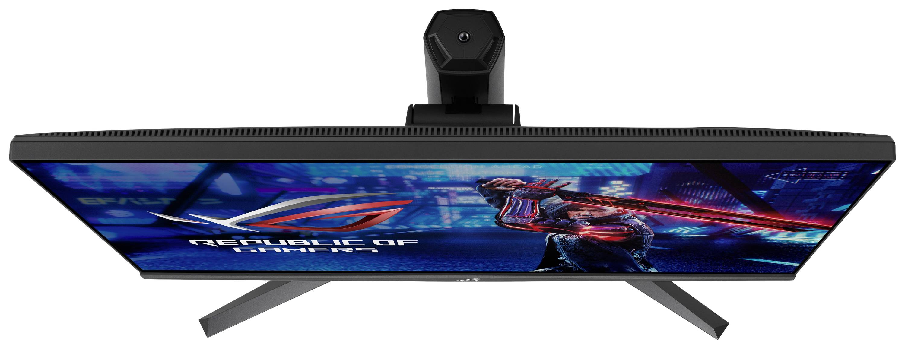 Un moniteur de jeu vu de dessus, révèle une scène futuriste avec une figure et le logo 'Republic of Gamers'.