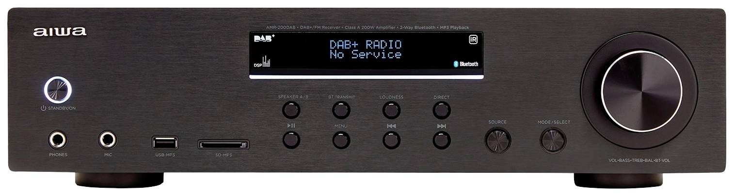 Récepteur Hi-Fi noir avec écran. L'écran affiche 'DAB+ RADIO Aucun service'. Il dispose de boutons et de connexions pour différentes fonctions.