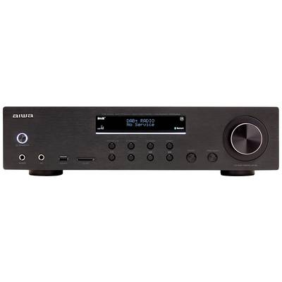 Récepteur Hi-Fi noir avec écran. L'écran affiche 'DAB+ RADIO Aucun service'. Il dispose de boutons et de connexions pour différentes fonctions.