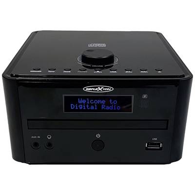 Radio numérique noir avec affichage montrant 'Bienvenue sur la radio numérique'. Régulateur de volume en haut, façade avec entrée AUX-IN, port USB et lecteur CD.