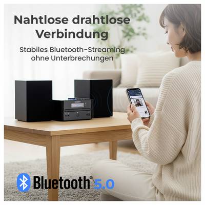 Publicité pour Bluetooth 5.0 : Une femme contrôle une chaîne stéréo via son smartphone ; le texte promet une connexion sans fil transparente et un streaming stable sans interruptions.
