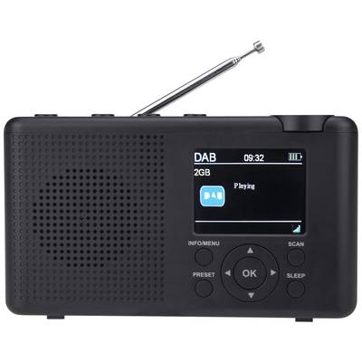 Une radio numérique portable avec antenne, affichant 'DAB' sur l'écran. Une chanson est en cours de lecture et le son est diffusé par le haut-parleur.