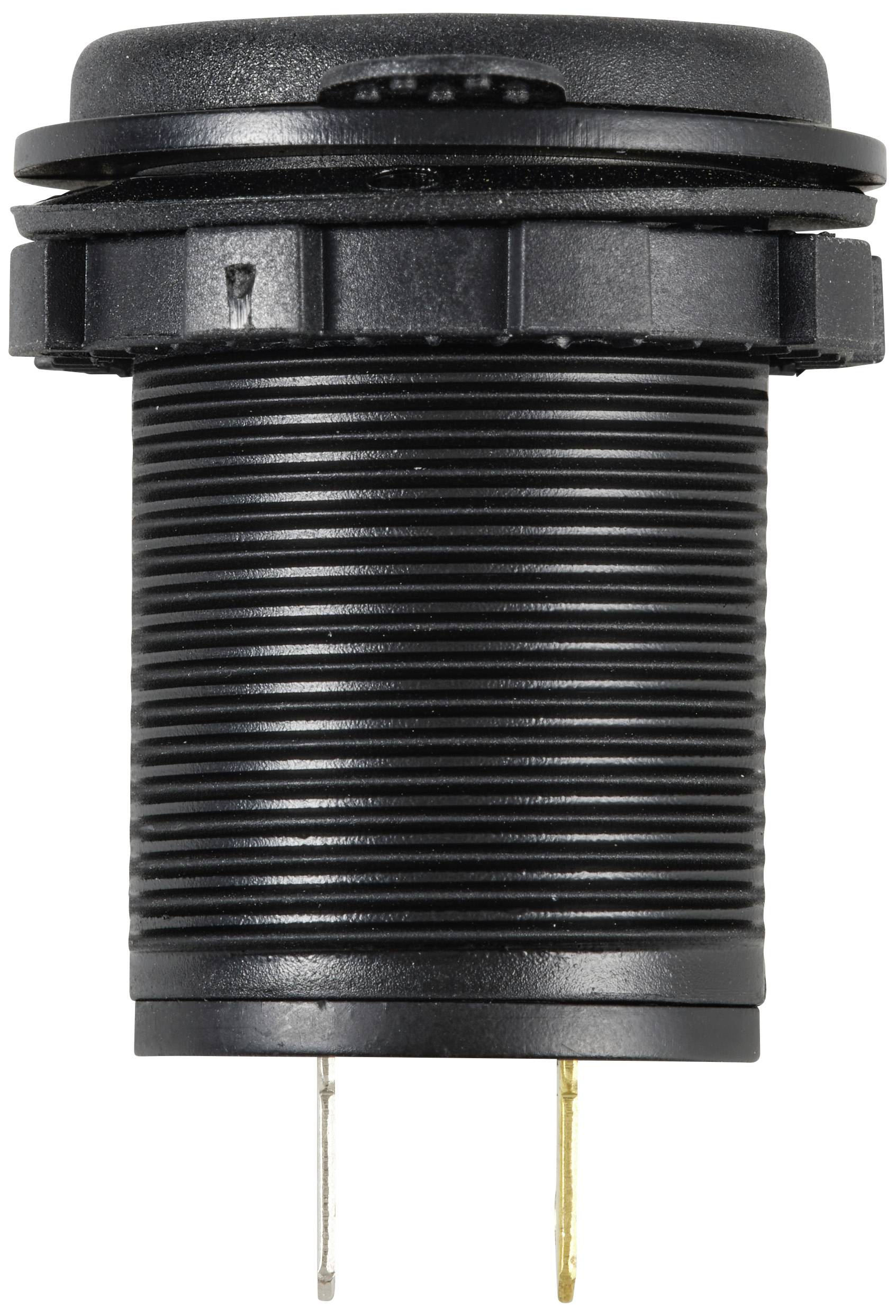 Gros plan d'une prise électrique noire avec deux broches métalliques en bas et un boîtier strié. La prise est orientée vers le bas.