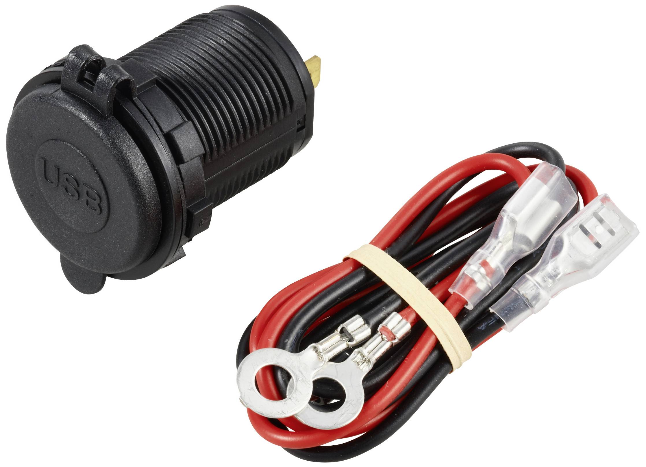 'Prise USB noire à côté d'un câble rouge et noir avec des bornes, regroupés par un élastique.'