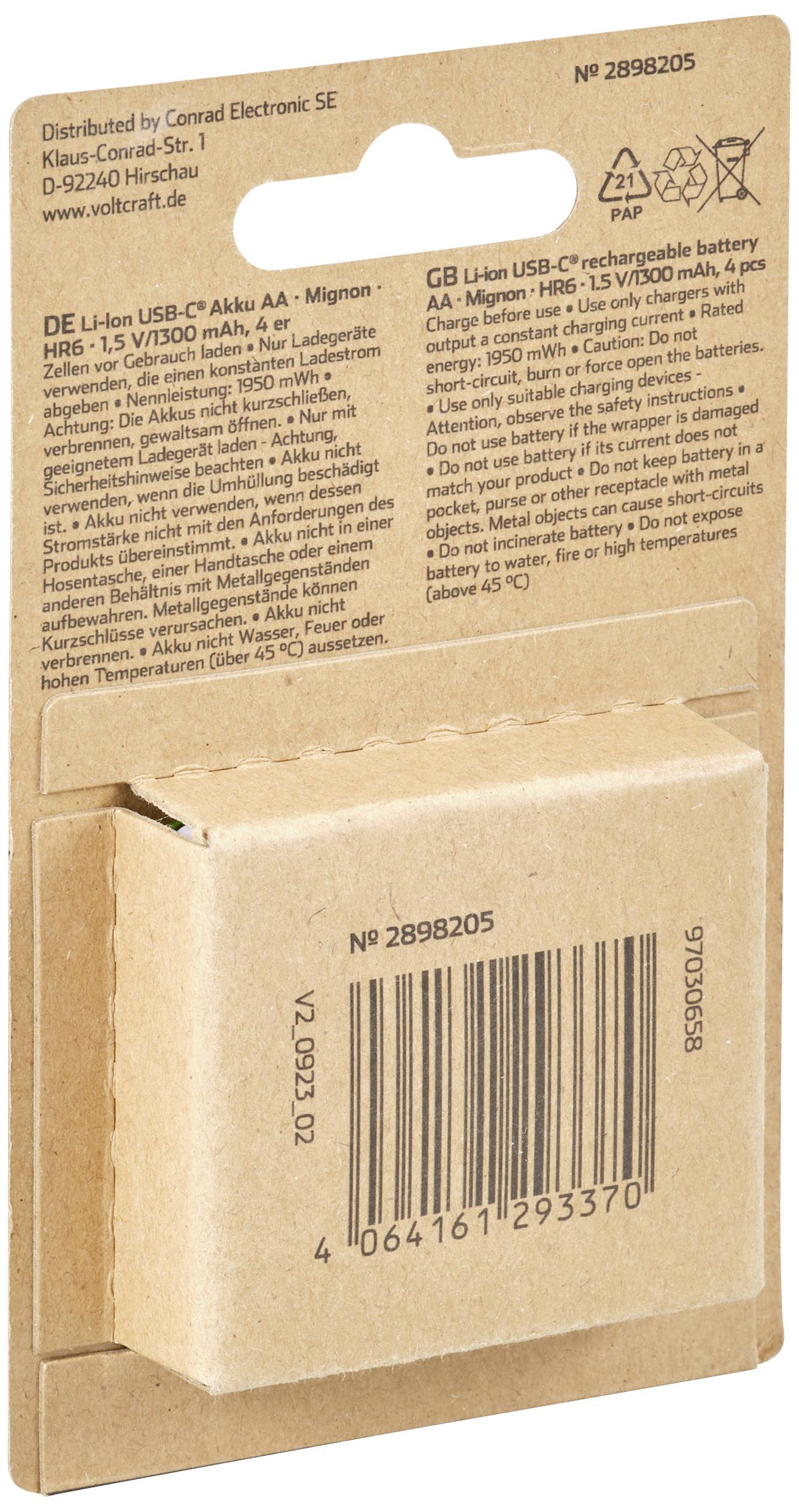 'Emballage d'une batterie lithium-ion avec port USB-C, numéro de modèle 2898205, fabriquée par Conrad Electronic SE à Hirschau.'