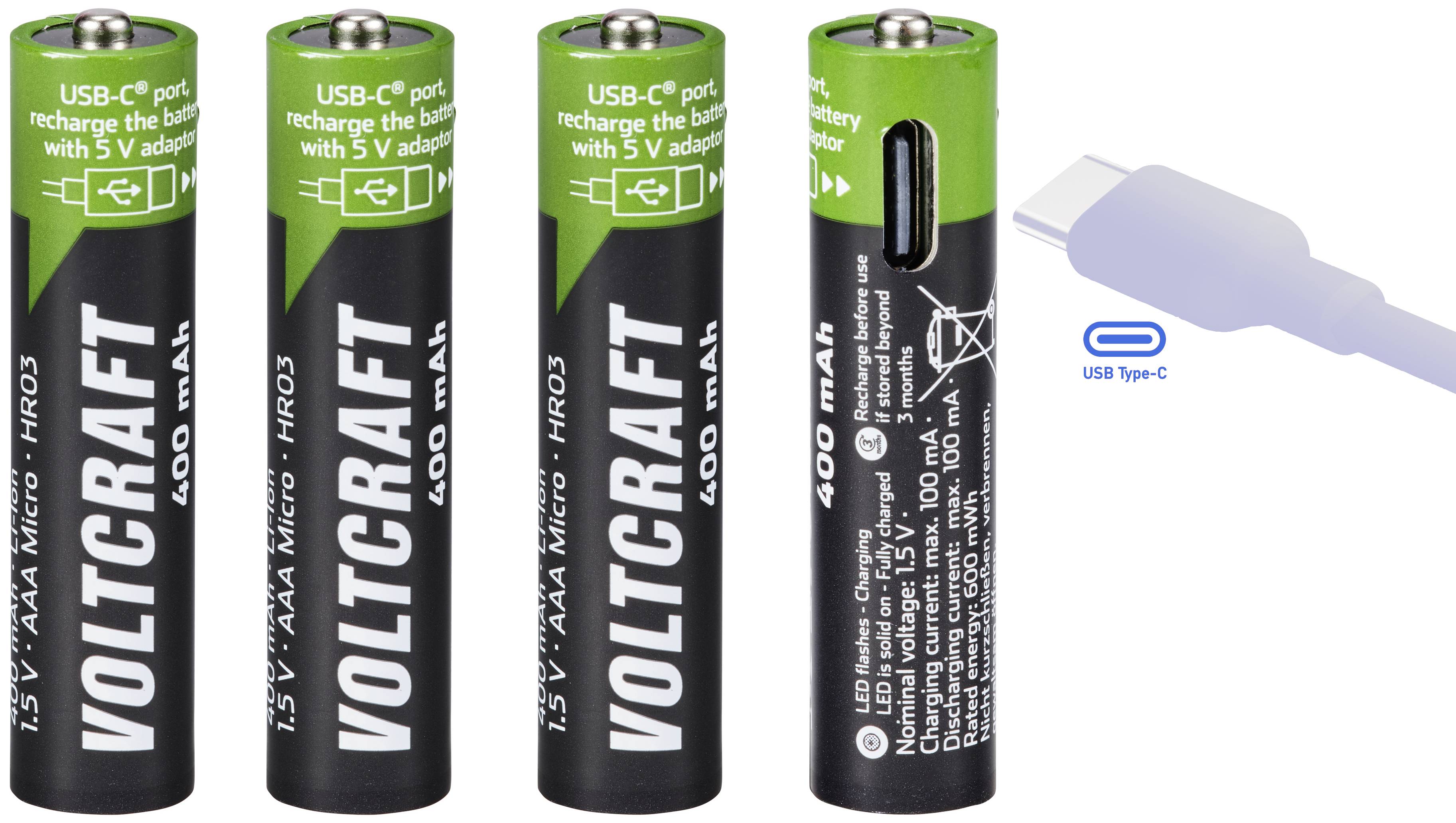 Quatre piles rechargeables AAA Voltcraft avec connexion USB-C pour le rechargement. Un connecteur USB-C est représenté à côté des piles.