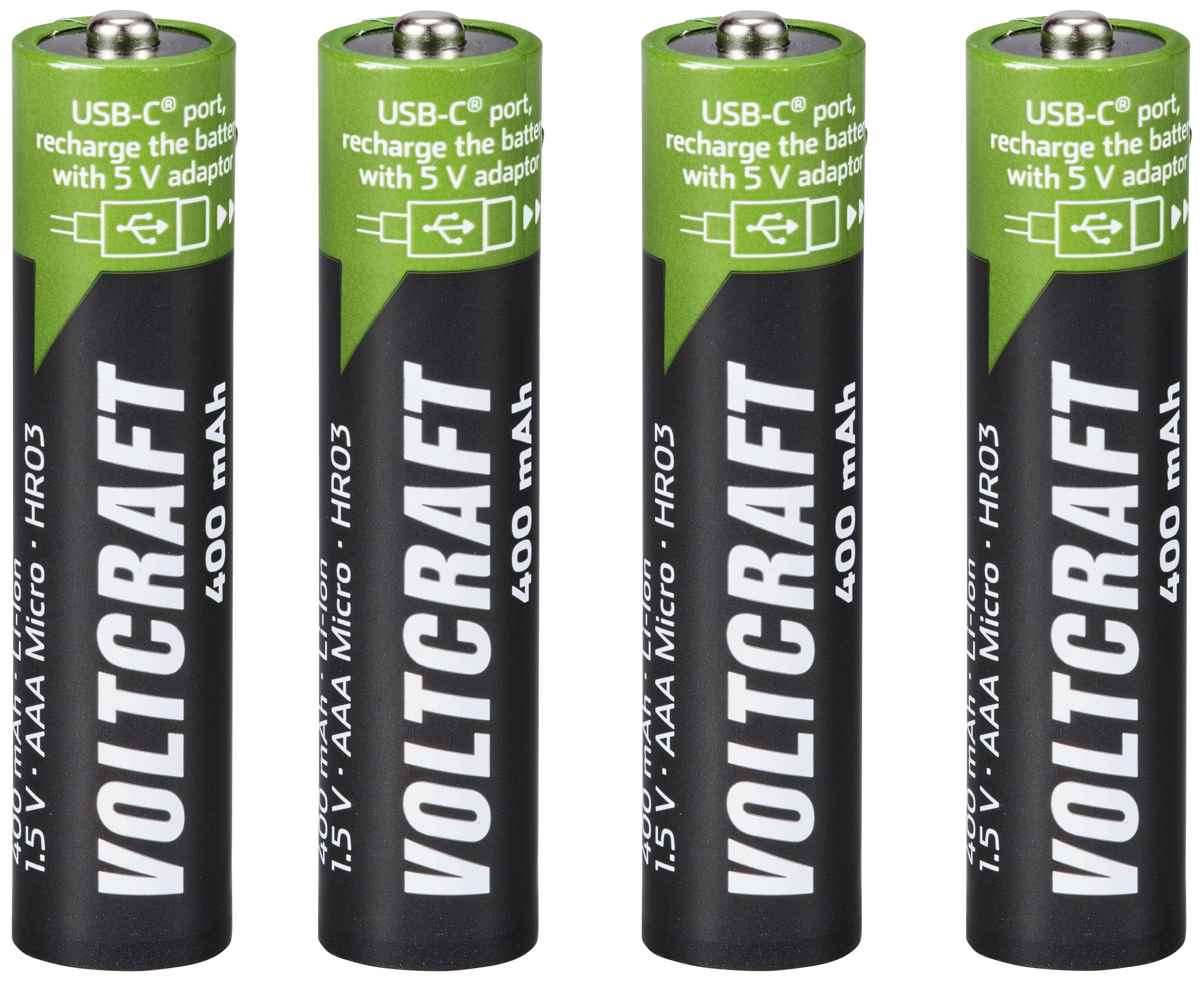 Quatre piles AAA Micro noires de la marque Voltcraft, 1,5V et 400mAh. Un indice en haut indique qu'elles peuvent être rechargées via un port USB-C avec un adaptateur 5V.